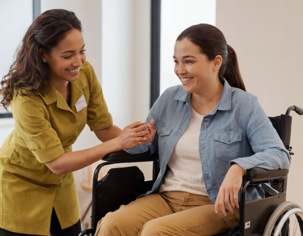Disability support worker assisting a client in a wheelchair, showing care and teamwork in a professional setting.