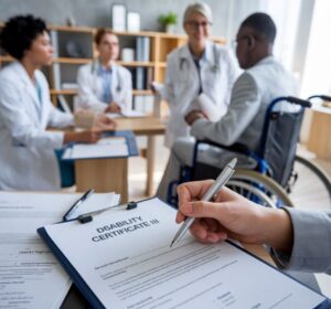 Disability Certificate III document on a desk with a professional consultation in the background.