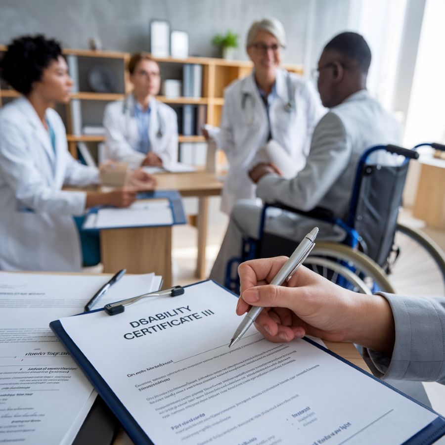Disability Certificate III document on a desk with a professional consultation in the background.