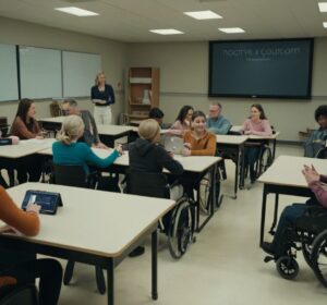 Inclusive classroom with diverse students, including those with disabilities, engaging in a disability course.