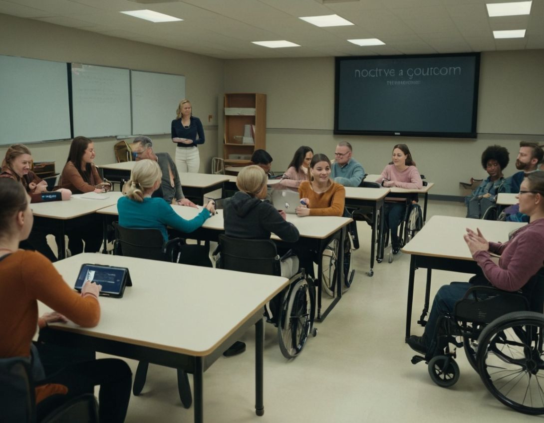 Inclusive classroom with diverse students, including those with disabilities, engaging in a disability course.